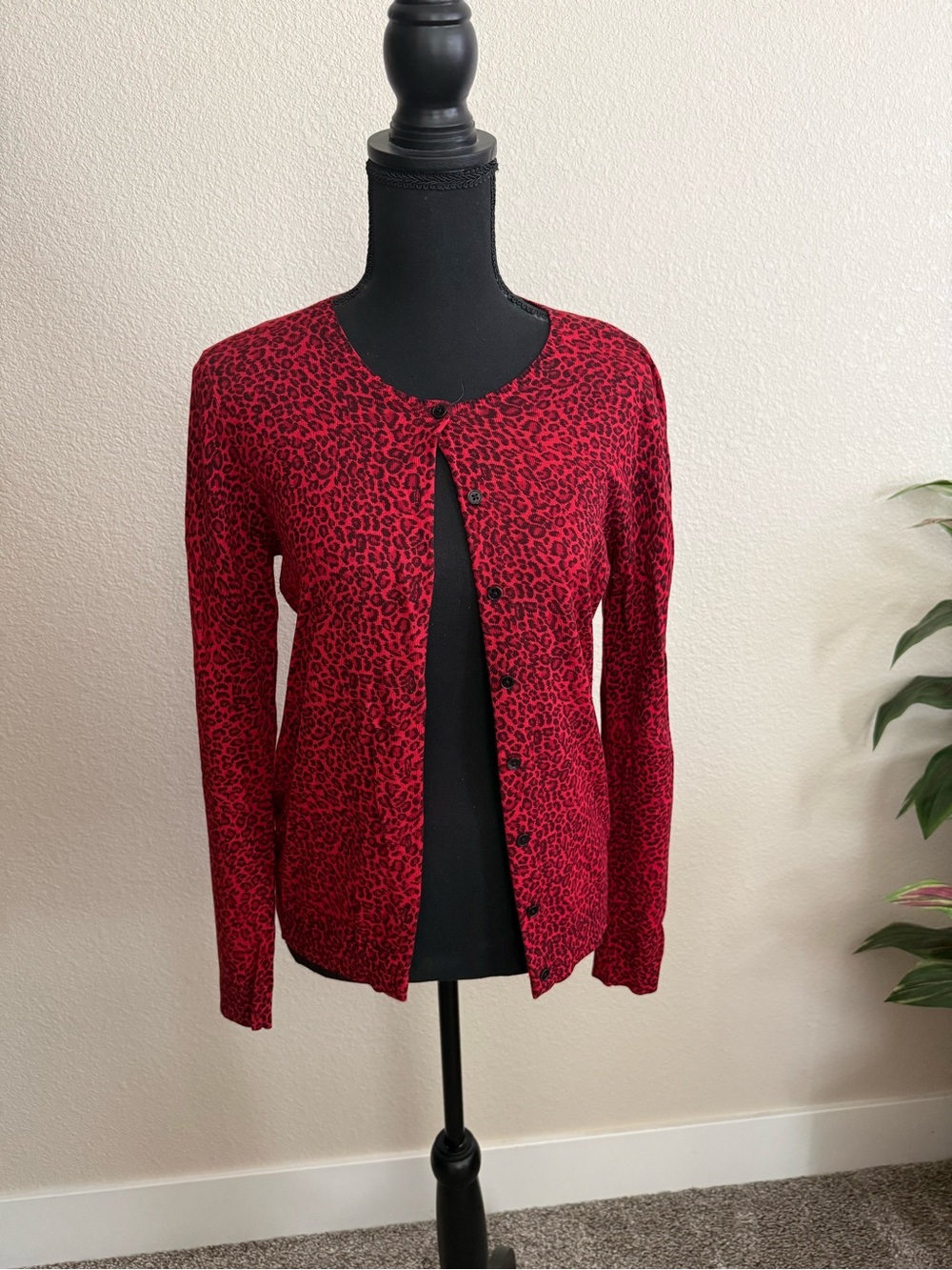 Ann Taylor Red Leopard-Print Button Cardigan